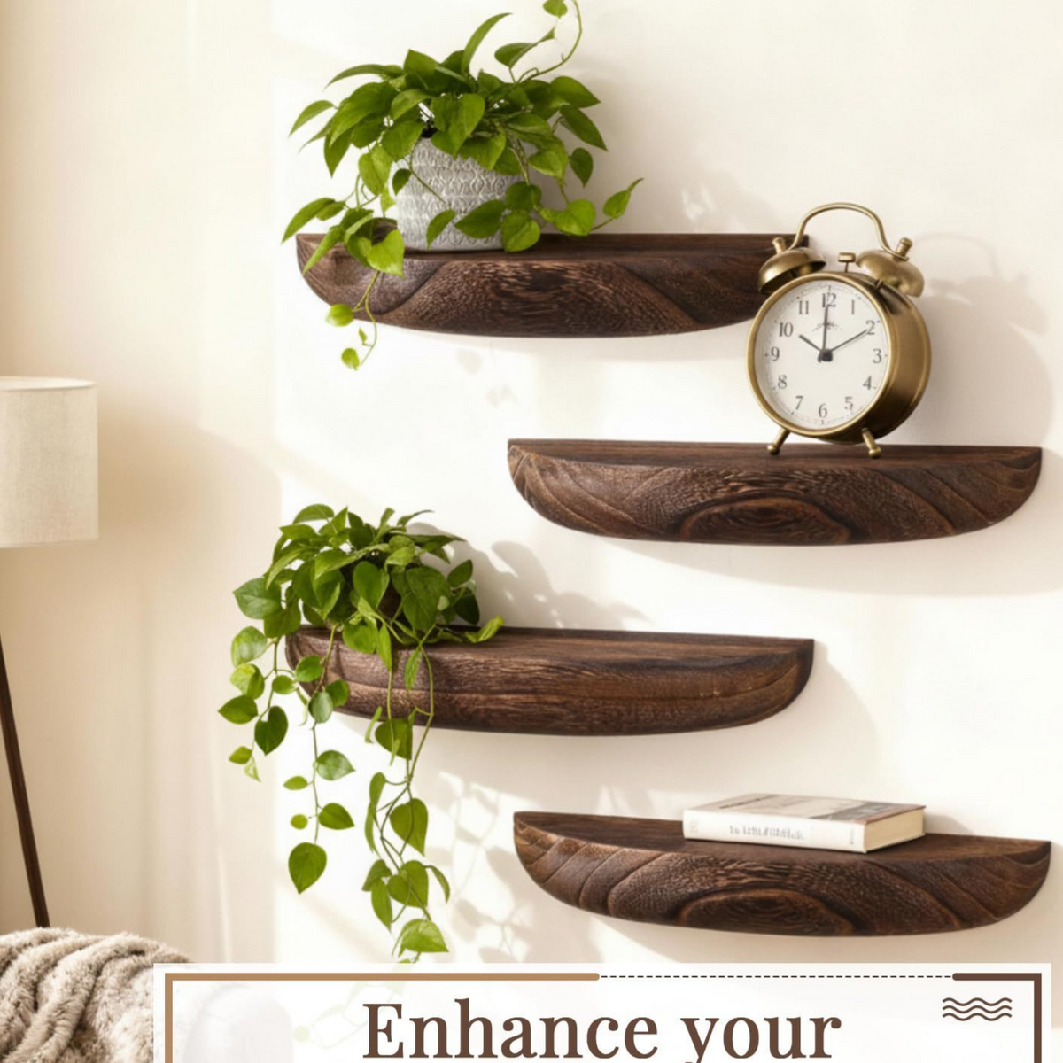 Solid Wood Semi-Circular Floating Wall Shelf Set