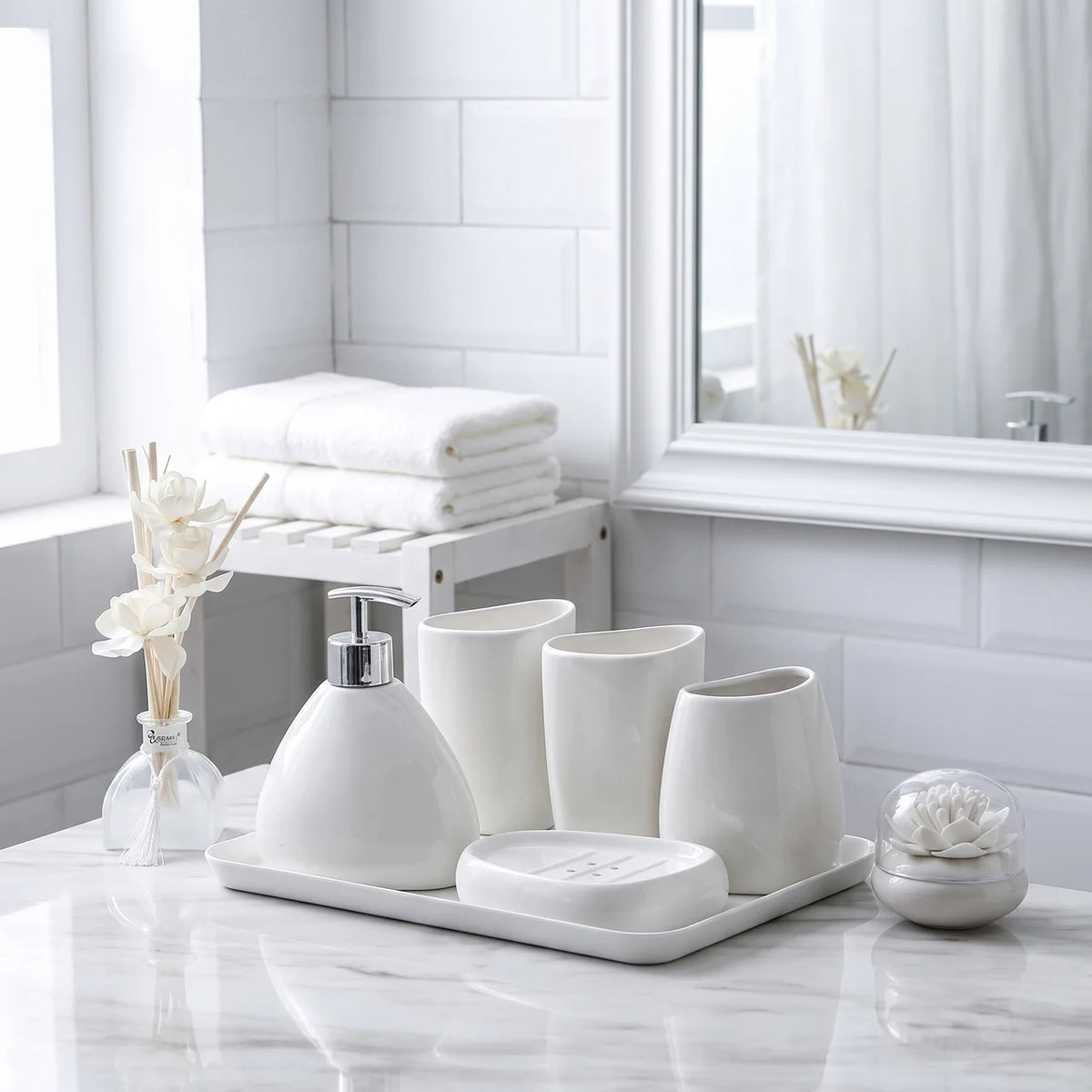 White porcelain bathroom toiletries